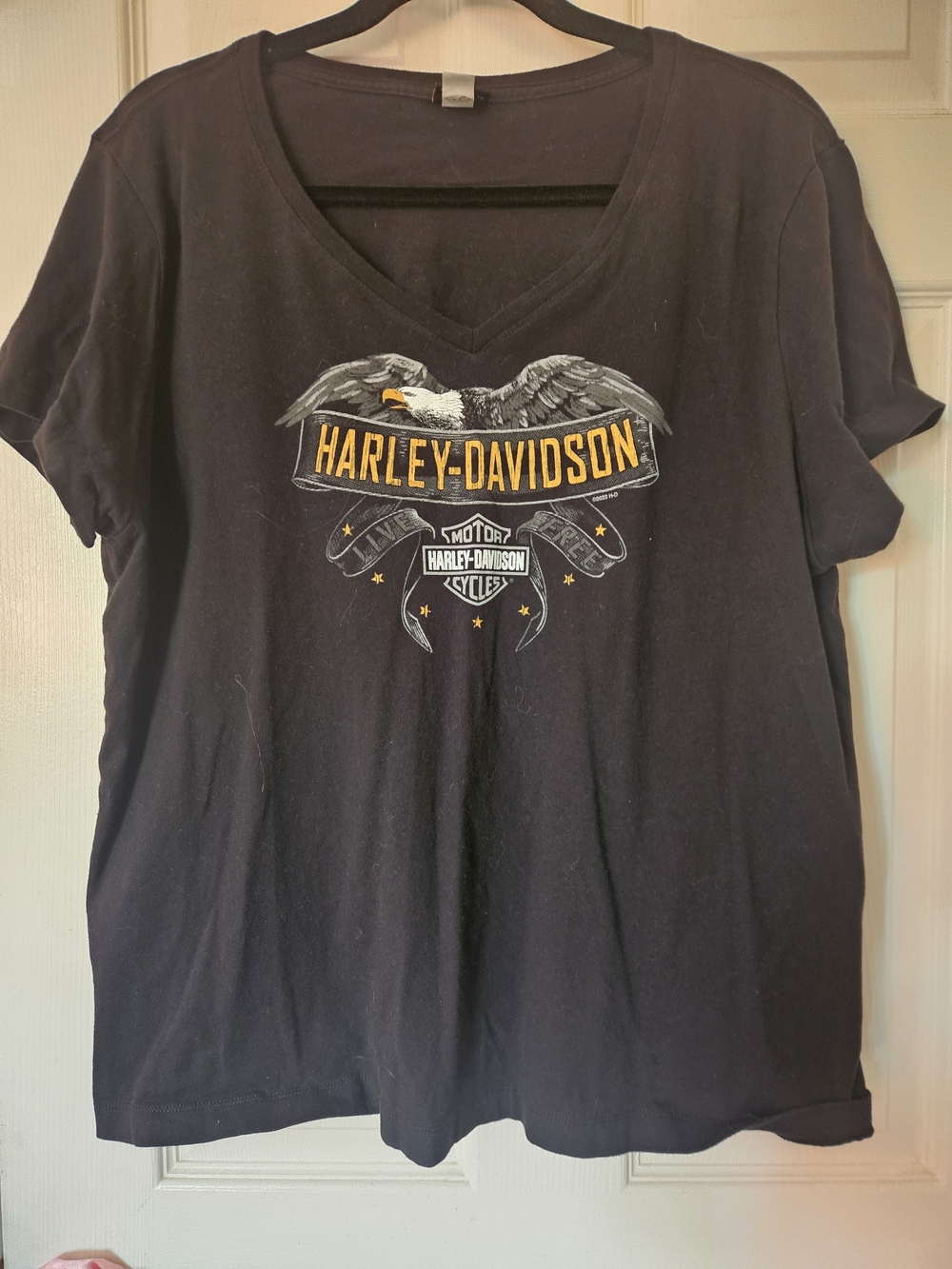 Harley-Davidson Black V-Neck Tee with Yellow Eagle Accent